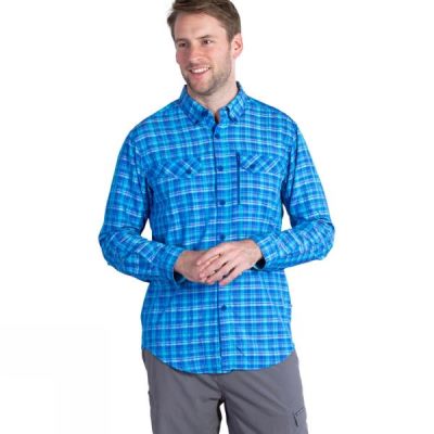 Camisa ExOfficio Sol Cool Cryogen Plaid Manga Larga Hombre Azules Oscuro - Chile MOY370492